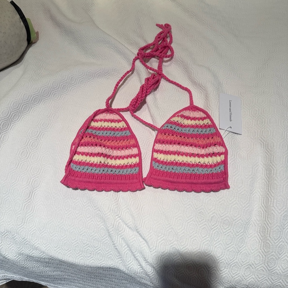 Lovers + Friends Pink Striped Crochet Top